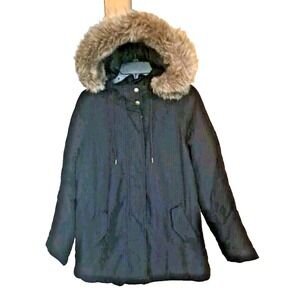 Old Navy Parka Women's Size Small Petite Black Fur Hooded Winter Coat Pre-owned